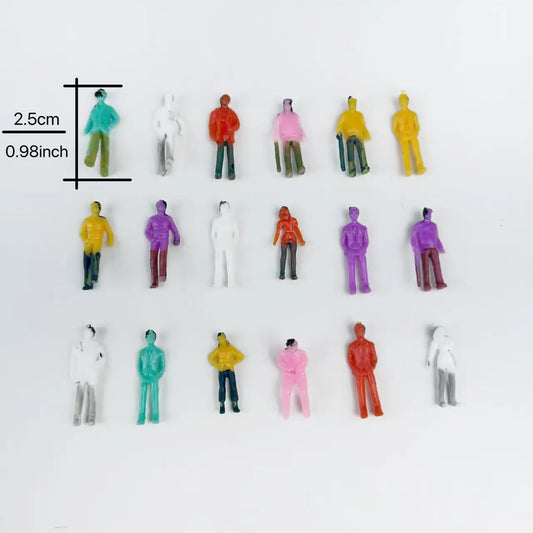 Size reference chart of 2.5cm tall assorted colorful miniature human figures, neatly arranged tiny people model with height mark for scale model diorama, railway layout, wargame base craft production