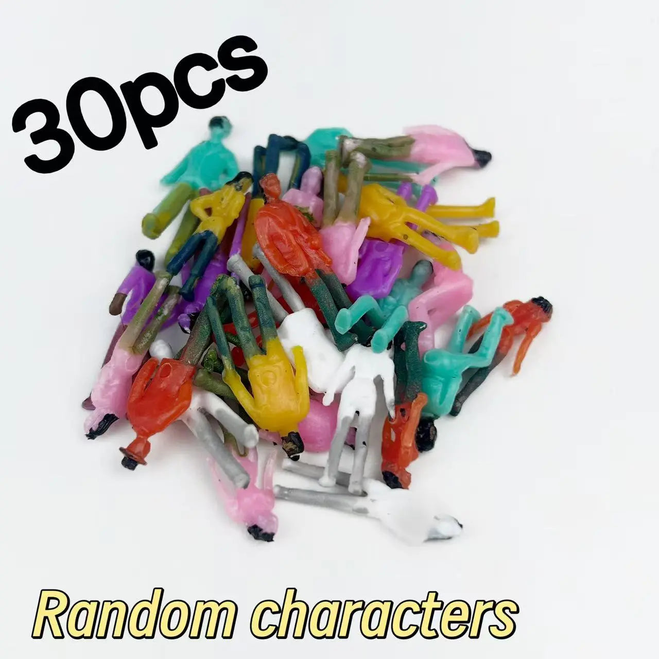 30pcs assorted bright color miniature random character figures, small plastic tiny people miniatures ideal for railway layout scenery, wargame terrain base, city street diorama and scale model handmade craft