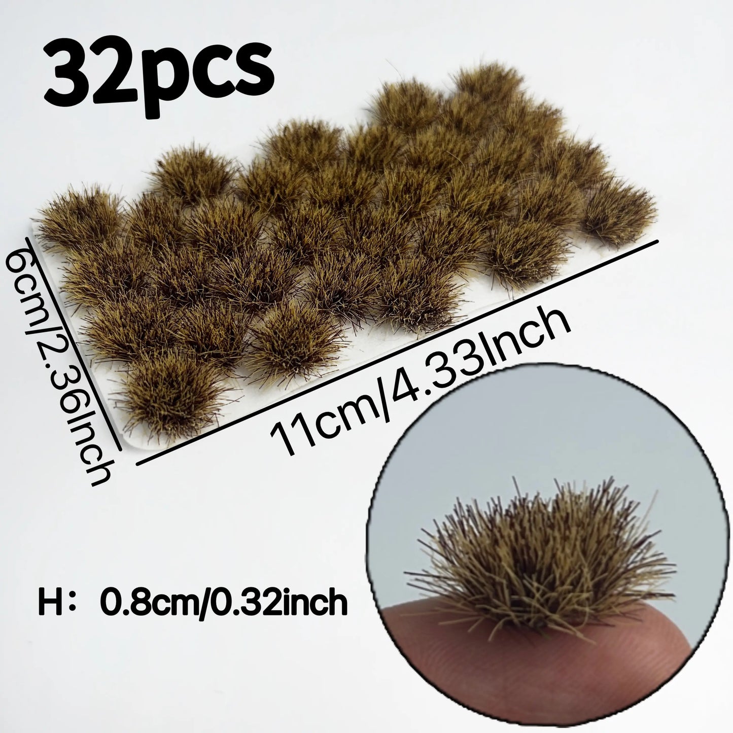 Detailed view of 32 self-adhesive olive green static grass tufts sheet, 0.8cm tall natural mini foliage clumps, craft supplies for countryside diorama, wargame terrain and HO/N scale model railroad landscaping