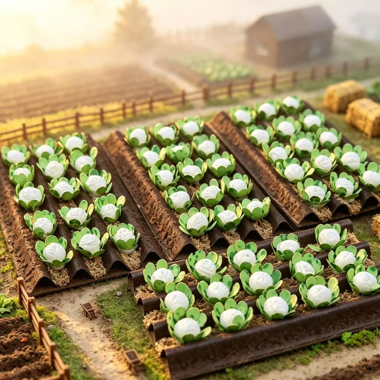 Mini cabbage planting trays packed in clear plastic case, pre-finished micro vegetable model for hobby collection and layout making
