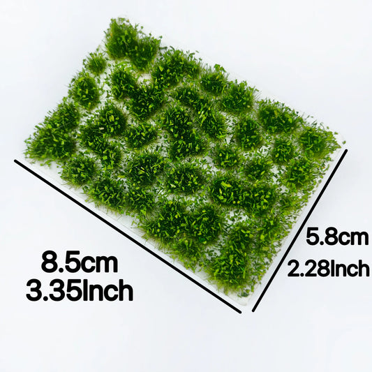Size marked pre-made fresh green static grass tufts sheet measuring 8.5cm by 5.8cm, self-adhesive realistic static grass mat miniature lawn terrain for scale model building, wargame tabletop base, railway layout scenery and diorama craft hobby supplies