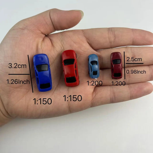 1:150 1:200 scale miniature static model cars, multi color sedan mini vehicles for city diorama layout, hand held size comparison shot