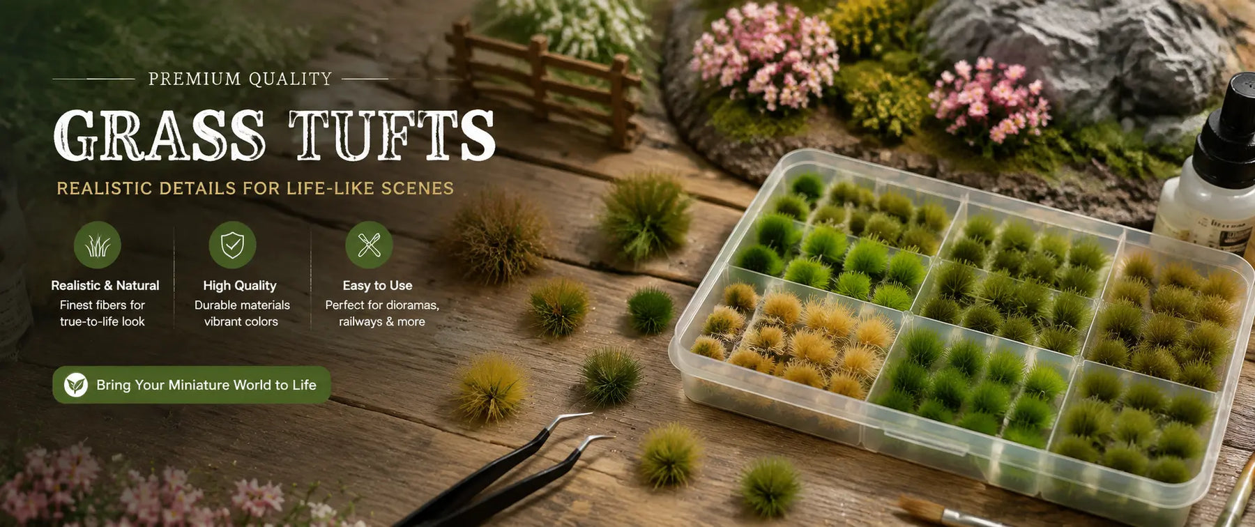 Realistic grass tufts collection featuring static grass tufts in multiple colors and sizes for railway layouts, dioramas, tabletop terrain and miniature scenery.