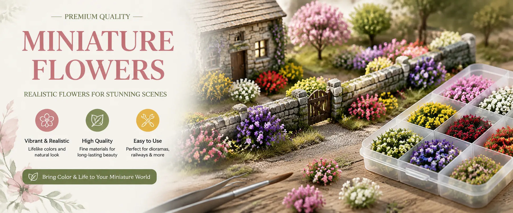 Miniature flower collection featuring realistic flower clusters in vibrant colors for railway layouts, dioramas, dollhouses and miniature scenery