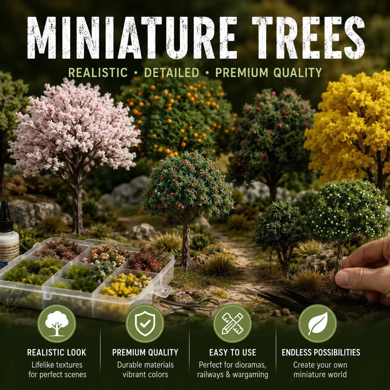 Miniature model trees collection featuring realistic cherry blossom, fruit, autumn and scenic trees for railway, diorama and tabletop terrain building.