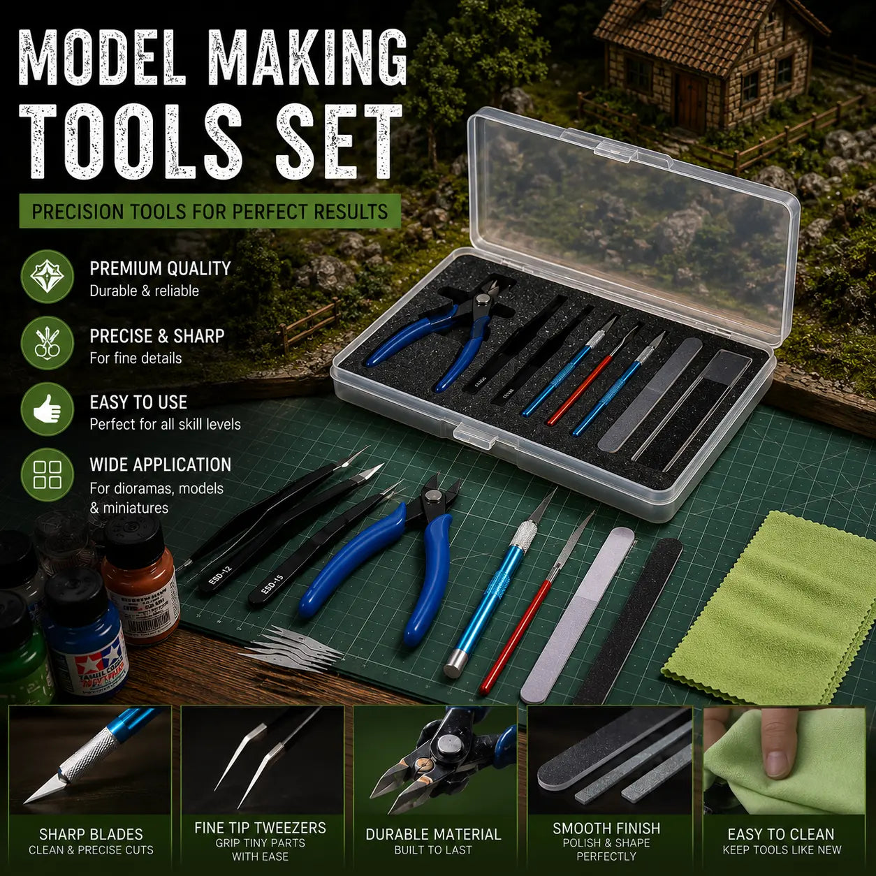 Professional model making tools set including tweezers, hobby knife, cutters and precision tools for miniature scenery, dioramas and railway models.