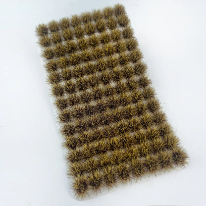 Pack of 104 self-adhesive static grass tufts sheet, 10.8cmx6cm overall size with dry brown mini foliage clumps, dimension reference close-up detail display, static grass tufts, miniature diorama supplies, wargame terrain material, model railway grass, self-adhesive grass clusters, scale model scenery, warhammer terrain, hobby craft grass