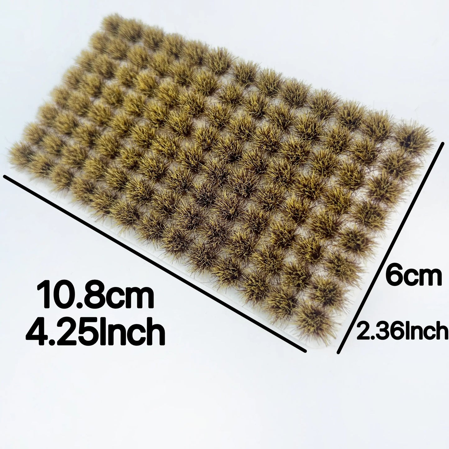 Pack of 104 self-adhesive static grass tufts sheet, 10.8cmx6cm overall size with autumn yellow brown mini foliage clumps, close-up detail display, static grass tufts, miniature diorama supplies, wargame terrain material, model railway grass, self-adhesive grass clusters, scale model scenery, warhammer terrain, hobby craft grass