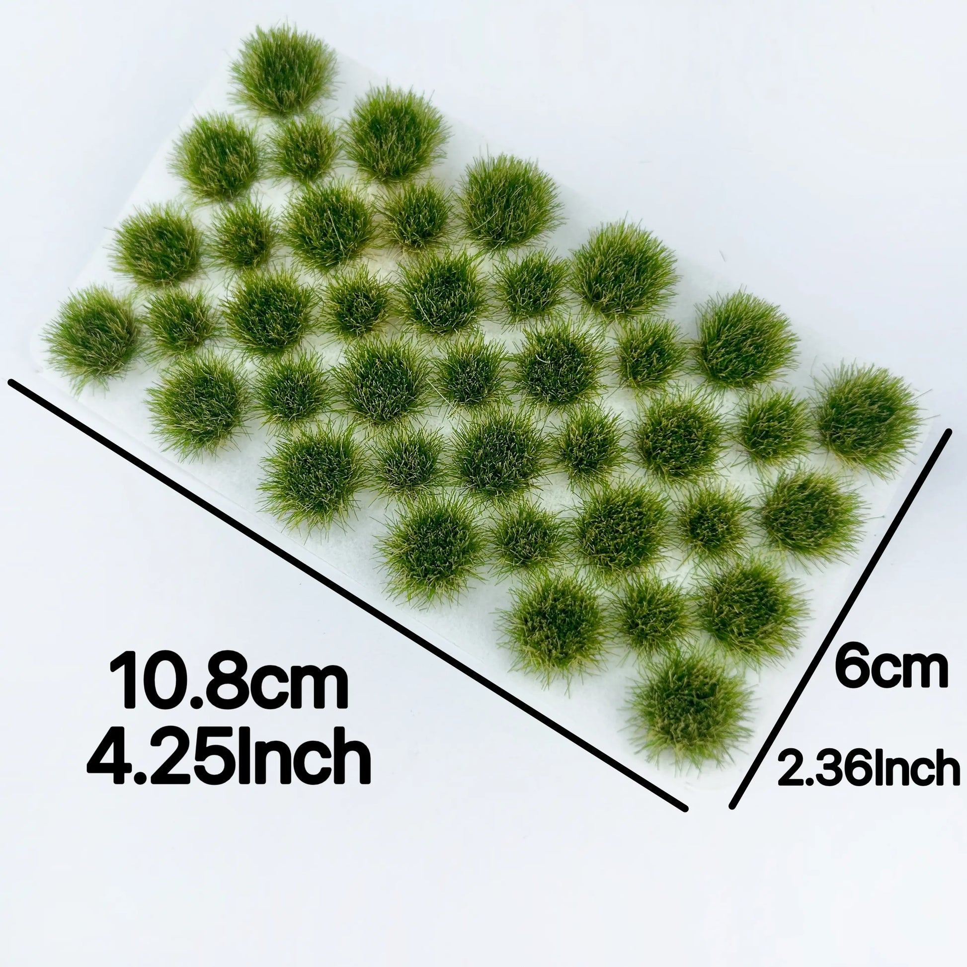 Size labeled 10.8cm×6cm autumn olive green self-adhesive static tuft grass sheet, standard size miniature terrain mat for DIY railway diorama, tabletop wargame and scale model landscape crafting
