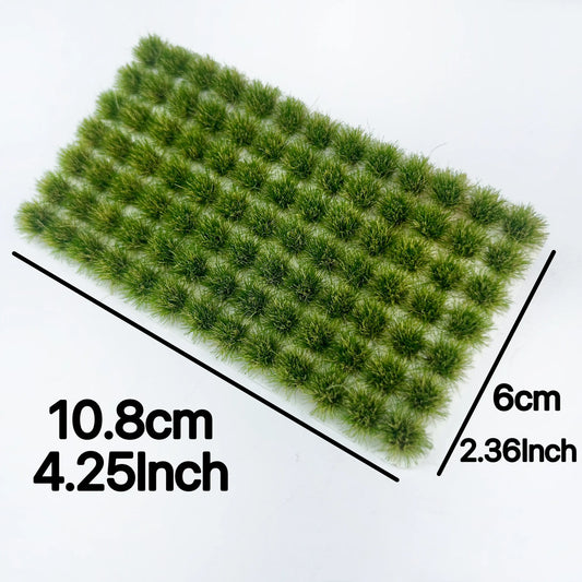 Size labeled 10.8cm×6cm mixed seasonal color self-adhesive static tuft grass sheet, standard size miniature terrain mat for DIY farm diorama, tabletop wargame and scale model landscape crafting