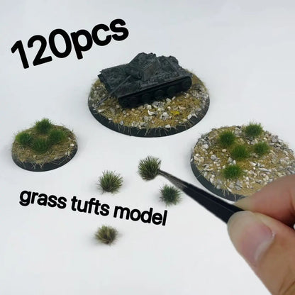120 pieces miniature static grass tufts picked by tweezers with tank wargame base display, marked with full size measurements for military terrain craft reference