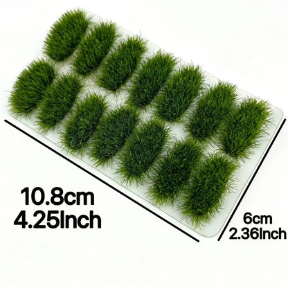 14 oval clumps 8mm height dark green static grass tufts with size reference, pre-made self-adhesive miniature grass for scale model diorama craft, wargame terrain, railway layout wild bush scenery decoration