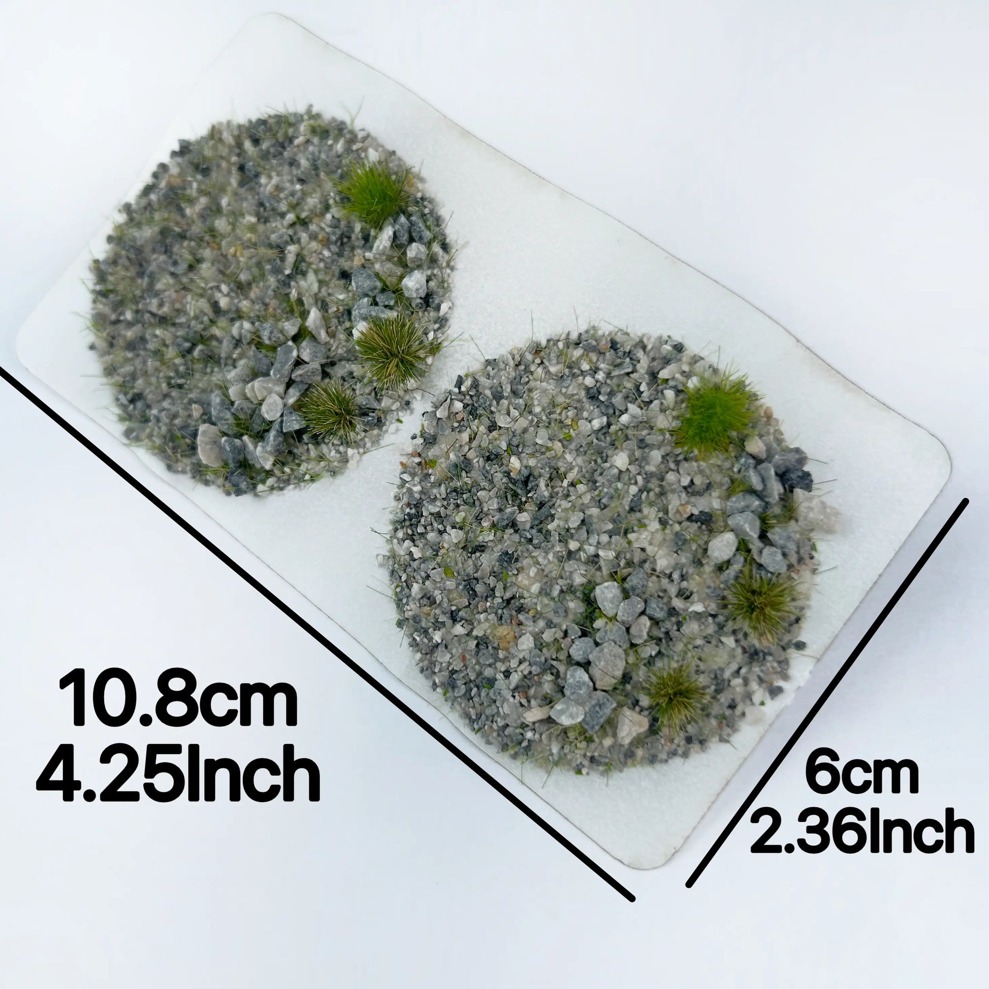 Size labeled dual round gravel rock grass tuft sheet (10.8cm*6cm), measured pebble foliage patches for DIY warhammer terrain, countryside miniature diorama base making supplies