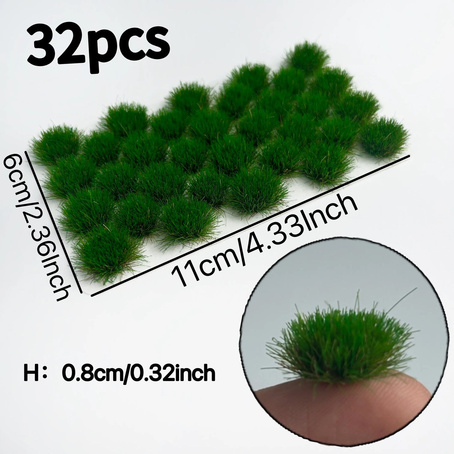 Pack of 32 self-adhesive lush green static grass tufts, 11cmx6cm overall size with 0.8cm tall dense mini foliage clumps, close-up size display for wargame bases, diorama landscape and scale model railroad scenery craft
