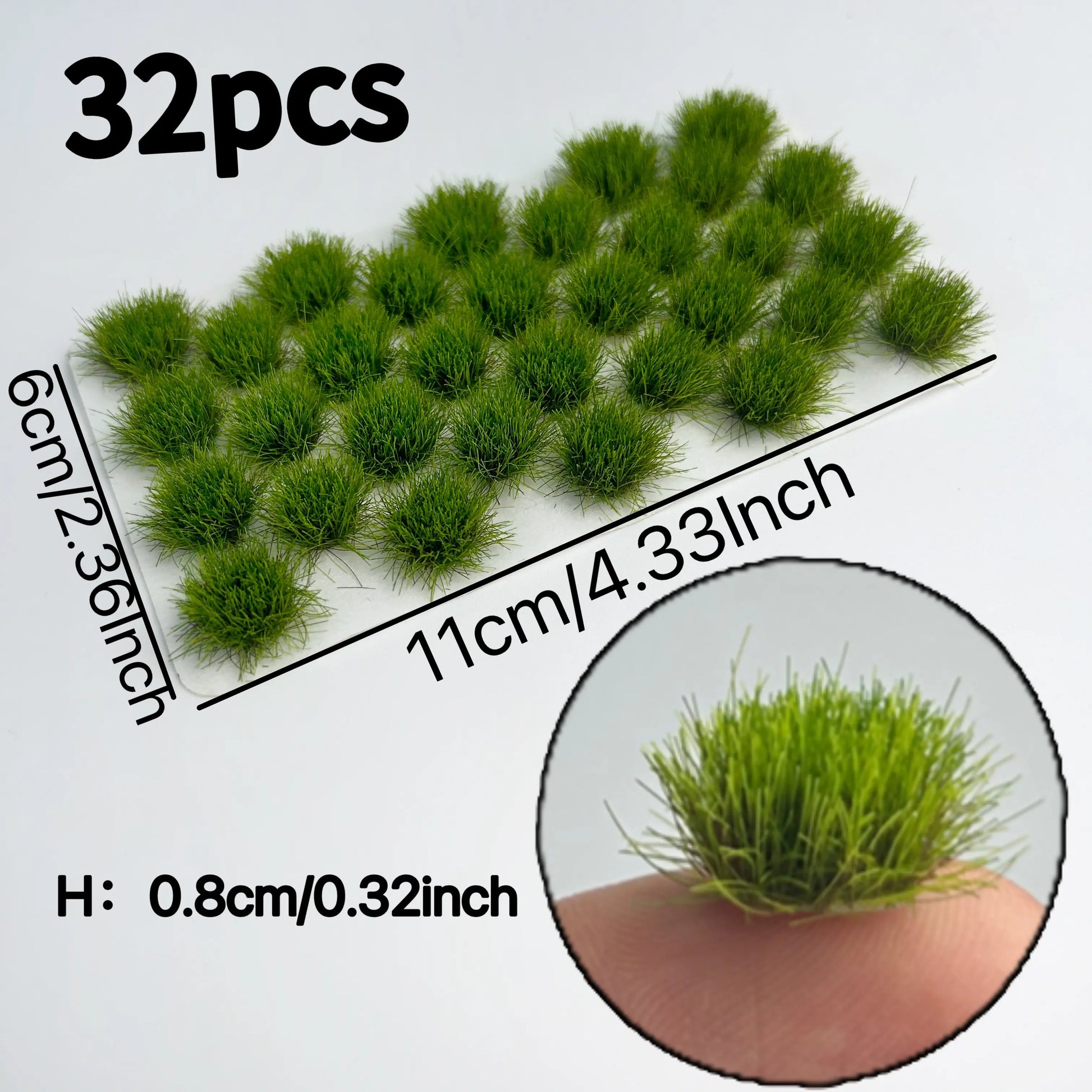 Pack of 32 self-adhesive lush green static grass tufts, 11cmx6cm overall size with 0.8cm tall dense mini foliage clumps, close-up size display for wargame bases, diorama landscape and scale model railroad scenery craft