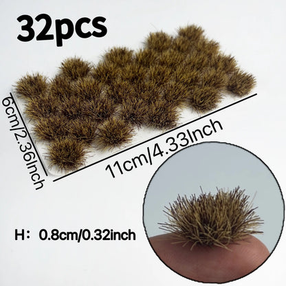 Detailed view of 32 self-adhesive olive green static grass tufts sheet, 0.8cm tall natural mini foliage clumps, craft supplies for countryside diorama, wargame terrain and HO/N scale model railroad landscaping