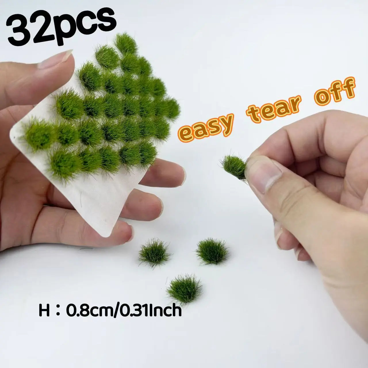 Pack of 32 easy-tear-off self-adhesive static grass tufts, 0.8cm/0.31inch tall dense green mini foliage clumps, removable small grass tuft set for wargame bases, diorama landscape and scale model railroad scenery craft