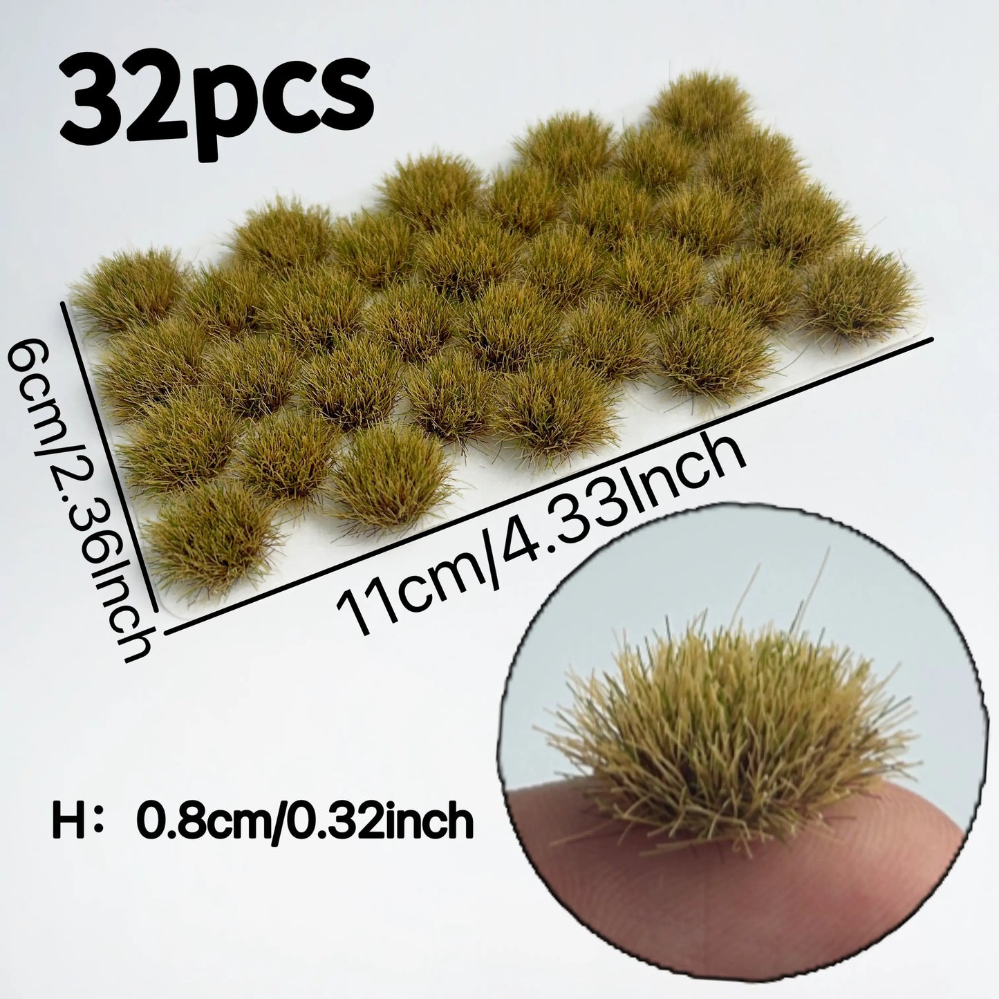 4-color comparison display of self-adhesive static grass tufts, lush green, dark green, olive green and brown 0.8cm tall mini clumps, color options for varied theme diorama, wargame terrain and scale model scenery craft