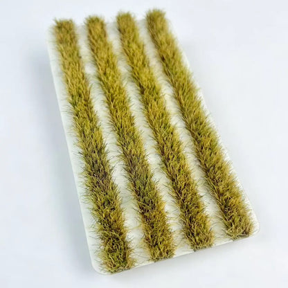 Complete rural village scale model scene, mixed tone 8mm height 4 strip grass terrain strips paired with horse and farmer miniature figures, finished diorama craft sample for wargame and railway layout making