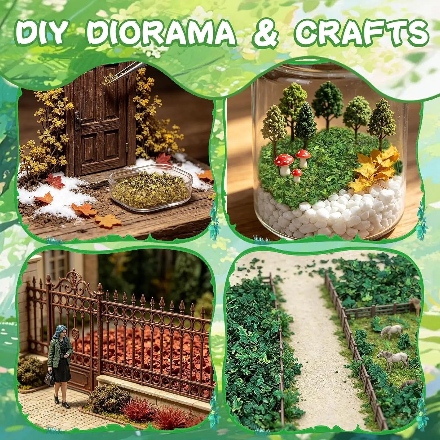 Vintage steam model railroad layout with mixed color mini fallen leaves, authentic autumn train terrain accessory