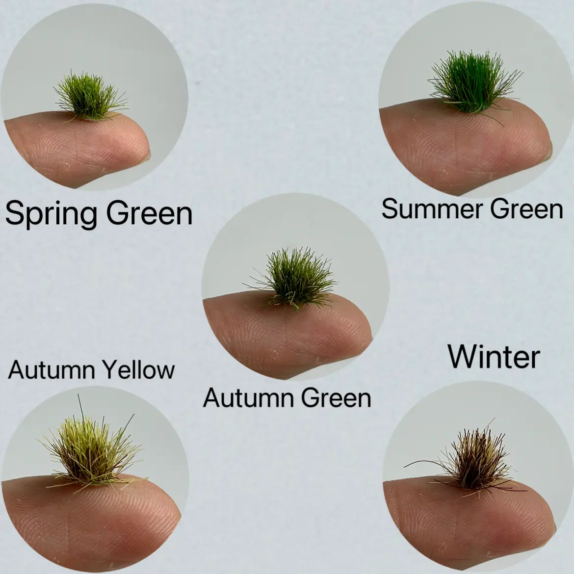 Five seasonal color static grass tuft swatch comparison (Spring Green, Summer Green, Autumn Green, Autumn Yellow, Winter), miniature scenery color reference for custom wargame and diorama terrain making