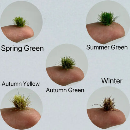 Five seasonal color static grass tuft swatch comparison (Spring Green, Summer Green, Autumn Green, Autumn Yellow, Winter), miniature scenery color reference for custom wargame and diorama terrain making