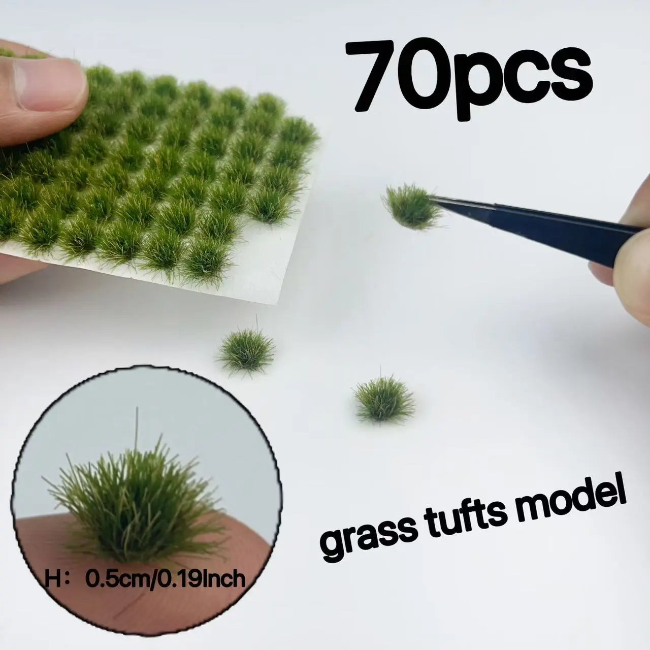 Self-adhesive summer mixed green static grass tuft mat matched with farmer miniature figure, full size measurement marked, for rural farmland, countryside farm diorama and wargame terrain craft reference