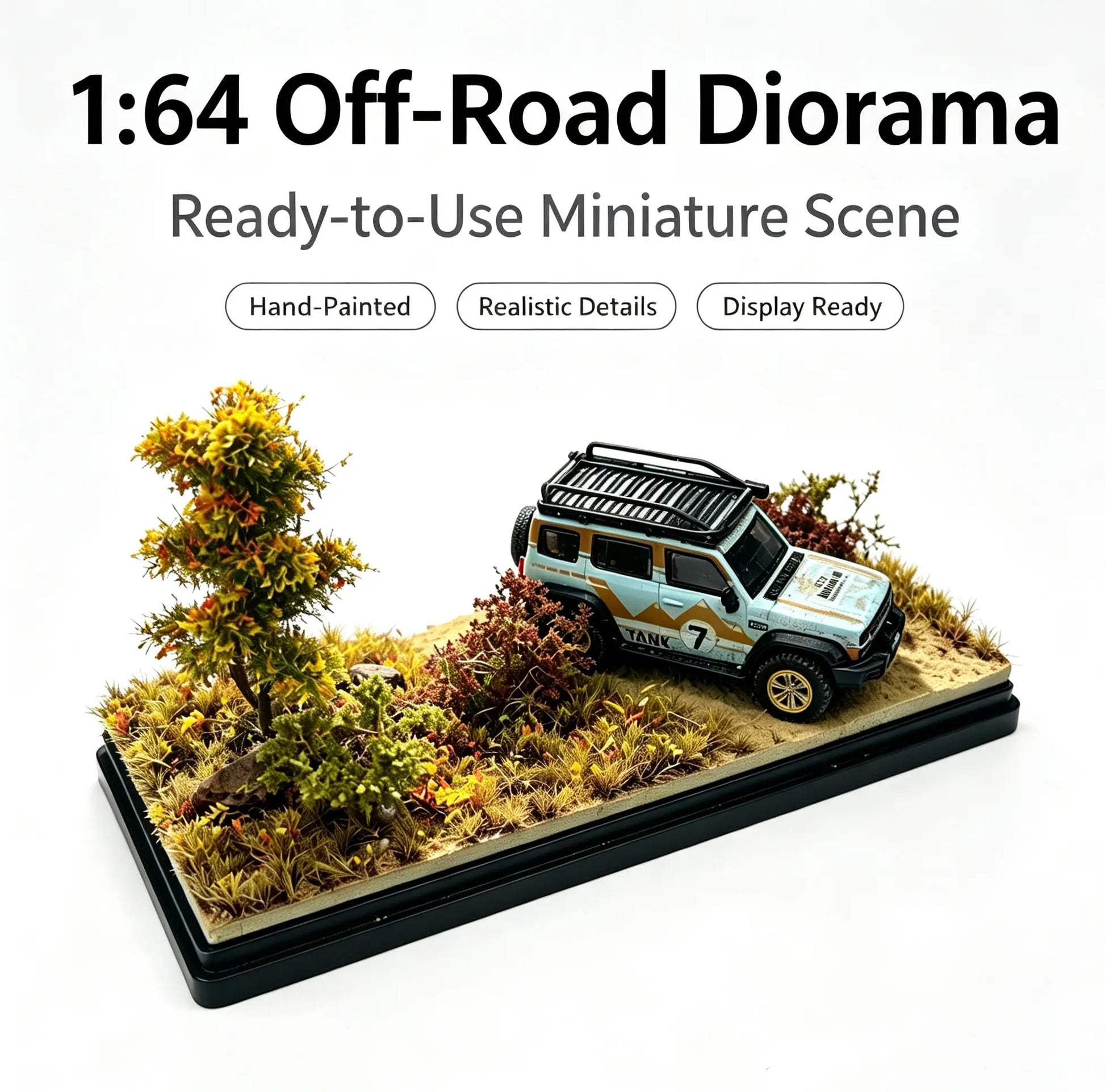 Dimension specification diagram of seasonal miniature car diorama base, marked sizes of base, mini tree, static grass and dirt road for hobby model scenery