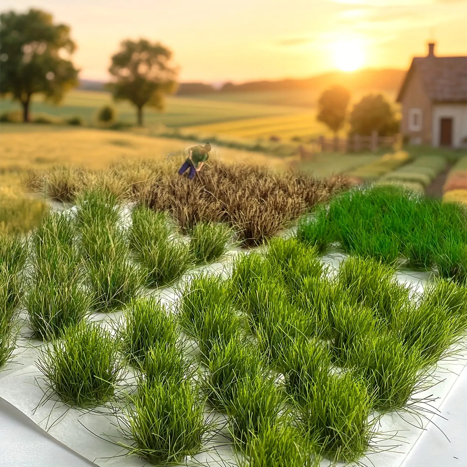 Completed autumn farm miniature diorama scenery, mixed dry yellow and fresh green self-adhesive static grass tufts, farmer and horse mini figures, thatched hut, autumn maple trees, sunset rural landscape model for wargame, railroad layout, hobby terrain crafting