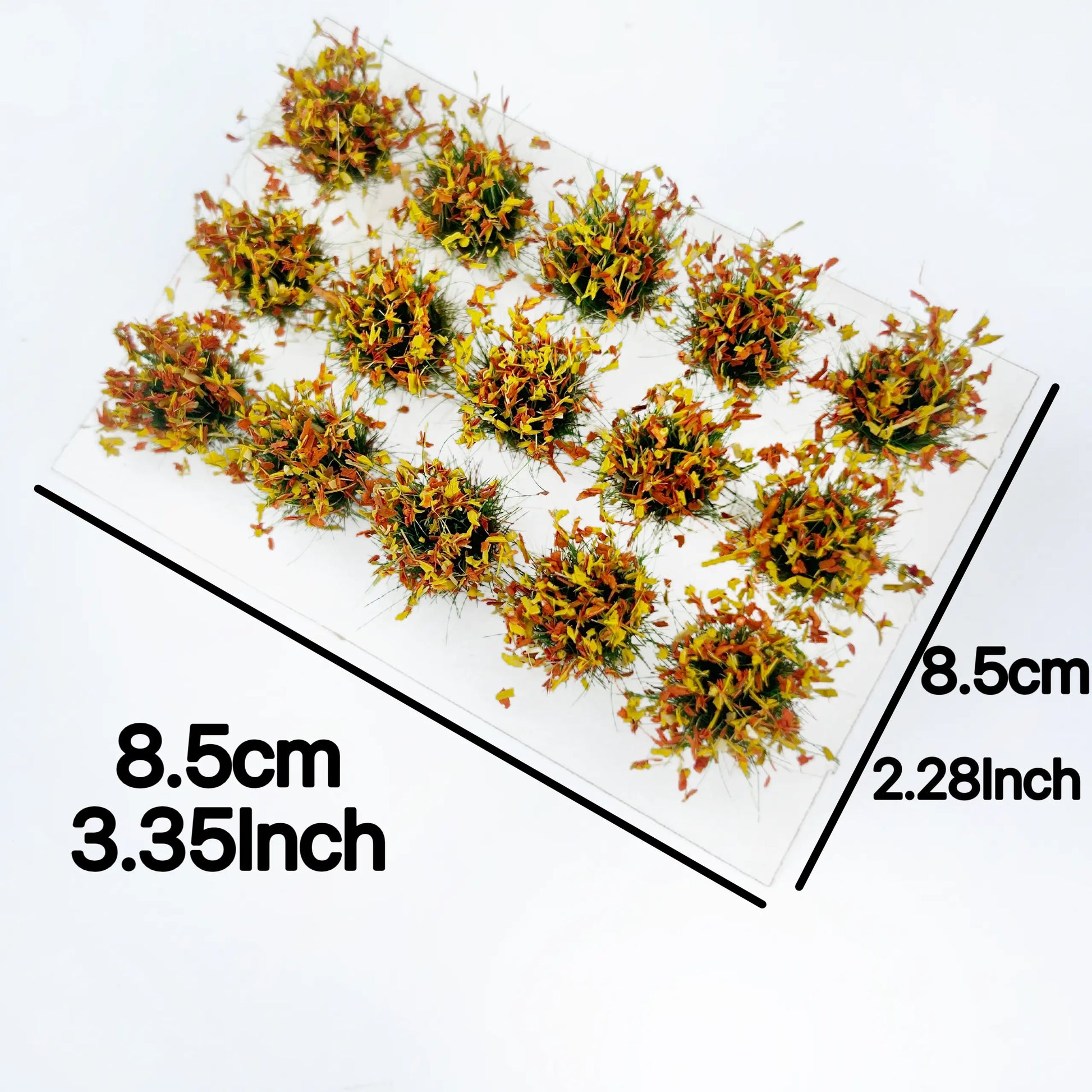 Size marked autumn gradient static grass tuft sheet (8.5cm*8.5cm), measured miniature foliage clump plate for diorama landscape craft and wargame terrain production
 
 