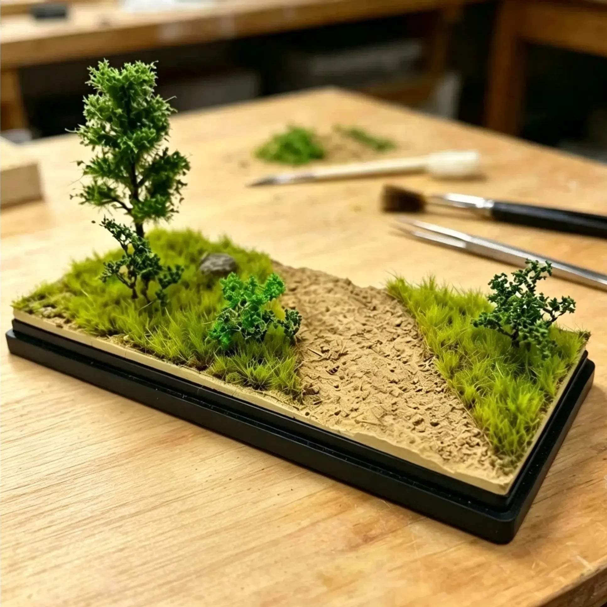 Real shot of autumn seasonal off-road terrain base, golden dry grass and fall colored mini trees for 1:64 SUV diecast models
