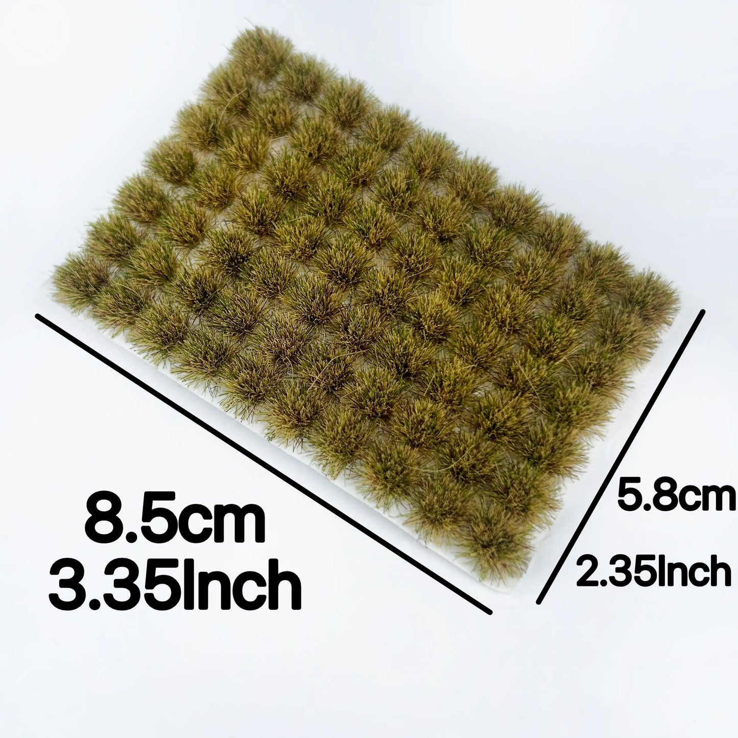 Self-adhesive autumn yellow dry static grass tuft mat printed with clear 8.5cm×5.8cm size scale markings, for fall wilderness, farmland diorama and wargame terrain craft reference