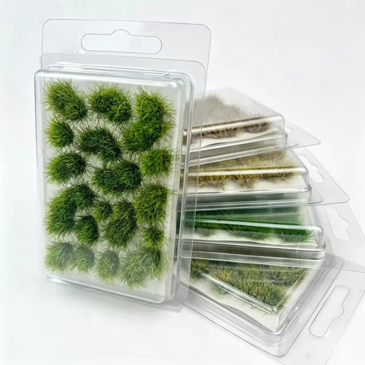 Realistic finished miniature farm diorama layout decorated with 8mm irregular static grass tufts, match tiny farmer figure, livestock and rural house models to create vivid countryside pastoral terrain