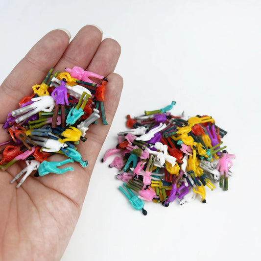 Bulk pack random colorful miniature tiny people figures with hand size comparison shot, large quantity plastic human miniatures wholesale supplies for diorama craft, railway scenery and wargame terrain making