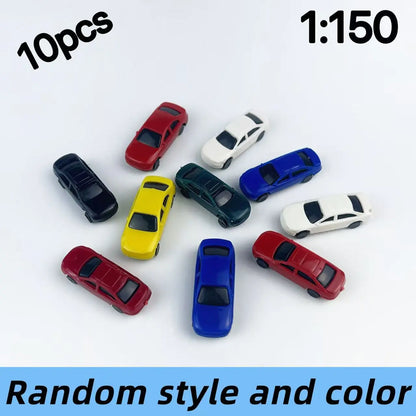 Mixed bulk multi color miniature static car models 1:150 & 1:200 scale, hand shot assortment for train layout diorama making
