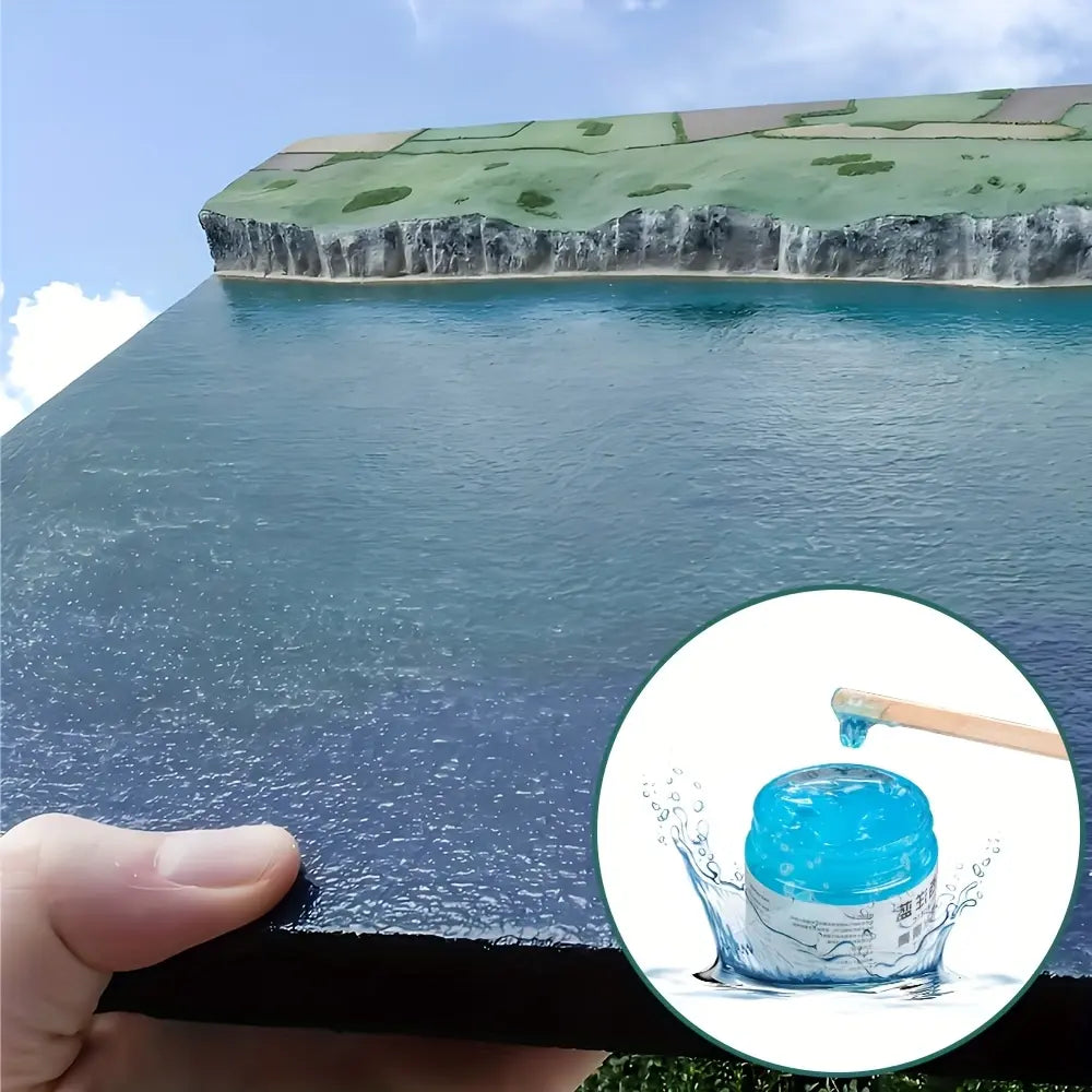 Realistic turquoise lake water ripple close-up effect created by medium blue green water texture paste, transparent reflective water surface detail for landscape miniature terrain and railway layout scenery

