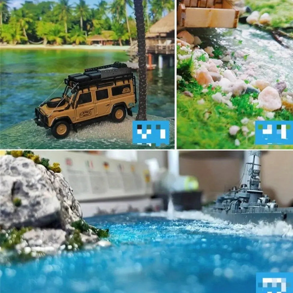 Collage of multiple finished water diorama scenes including military dock, ancient town stream and tropical beach, all realistic water surfaces produced with sculptable water effect texture paste for scale model terrain craft