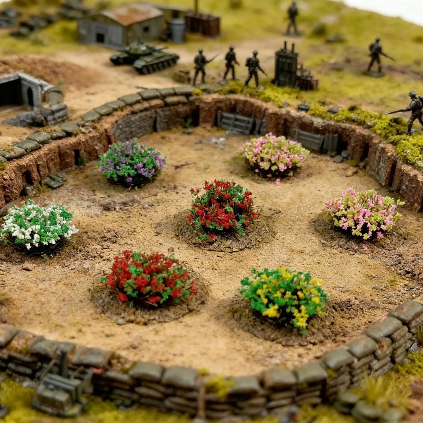 Assorted miniature flower grass tufts, self-stick flock bush clusters for park landscape diorama, river, stone bridge, bench and tree miniature garden terrain supplies