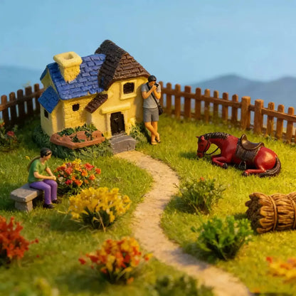 Handmade countryside cottage diorama scene with miniature house, seated & photographer figure, resting red horse, colorful static grass tufts, flower clusters and wooden fence for model railroad landscape craft
