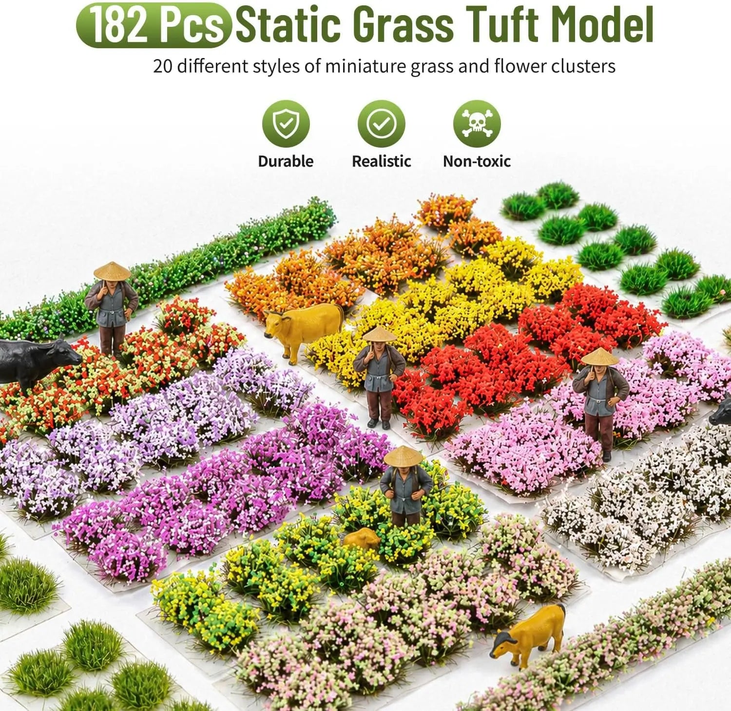 182 pieces miniature static grass & flower tuft kit with 20 mixed styles, durable non-toxic pre-made terrain flocks for model railway, wargame and dollhouse making