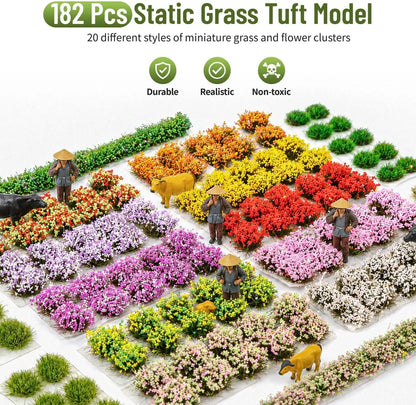182 pieces miniature static grass & flower tuft kit with 20 mixed styles, durable non-toxic pre-made terrain flocks for model railway, wargame and dollhouse making