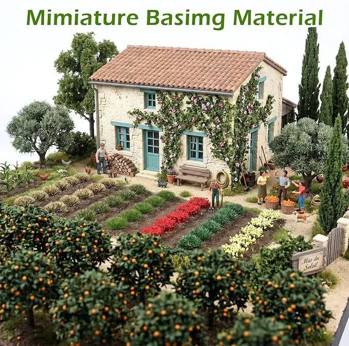 European countryside cottage miniature layout with realistic static grass tufts and colorful flower clusters, farmer miniature figures, orchard farm terrain, railway station village diorama craft decoration