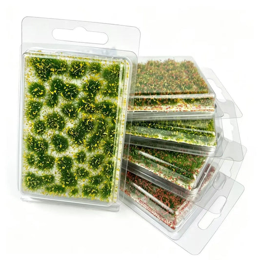 Mixed colors self-adhesive static grass tufts sheet with peelable individual grass clumps, realistic static grass mat miniature lawn terrain in deep green, orange and yellow tones for scale model building, wargame tabletop base, railway layout scenery and diorama craft hobby supplies