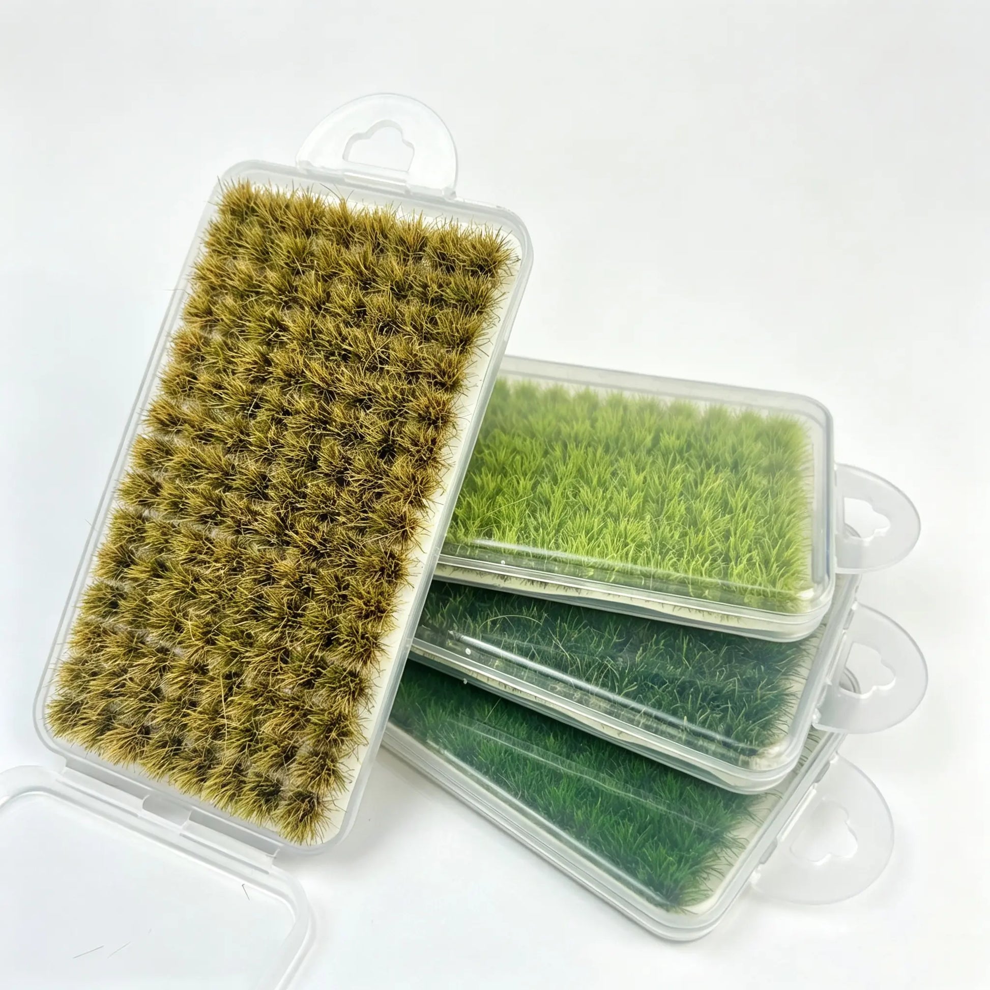 Assorted multi shade static grass tufts storage box set, green & dry brown miniature turf for all hobby diorama projects