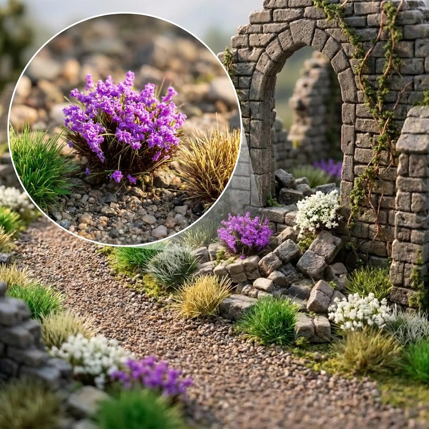 Full color assortment of miniature flower tufts and static grass clumps, multiple seasonal tones red pink white purple green for custom diorama terrain