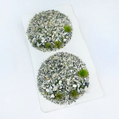 3 round gravel stone static grass tuft sheet with dimension marks 10.8cm×6cm, realistic rocky mini grass clumps for historical wargame and architectural scale model landscaping

