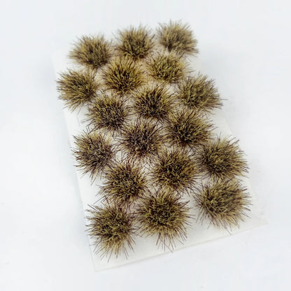 Dry brown round self-adhesive static grass tuft sheet, miniature dead foliage clumps for wasteland wargame bases, autumn diorama landscape and scale model railroad scenery craft, natural dry earth tone mini grass clusters