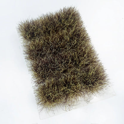 Self-adhesive dry brown miniature grass tuft mat with complete size measurements marked, for vintage wasteland diorama and wargame terrain craft reference