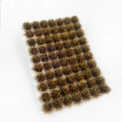 Self-adhesive dry withered brown miniature grass tuft sheet with full size dimension markings, for arid wasteland, autumn diorama and wargame terrain landscape craft reference