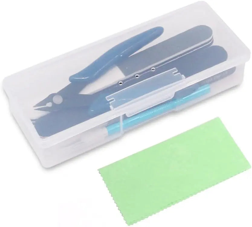 Full 9‑pcs hobby model building tool kit including nippers, knife, file, tweezers and polishing supplies